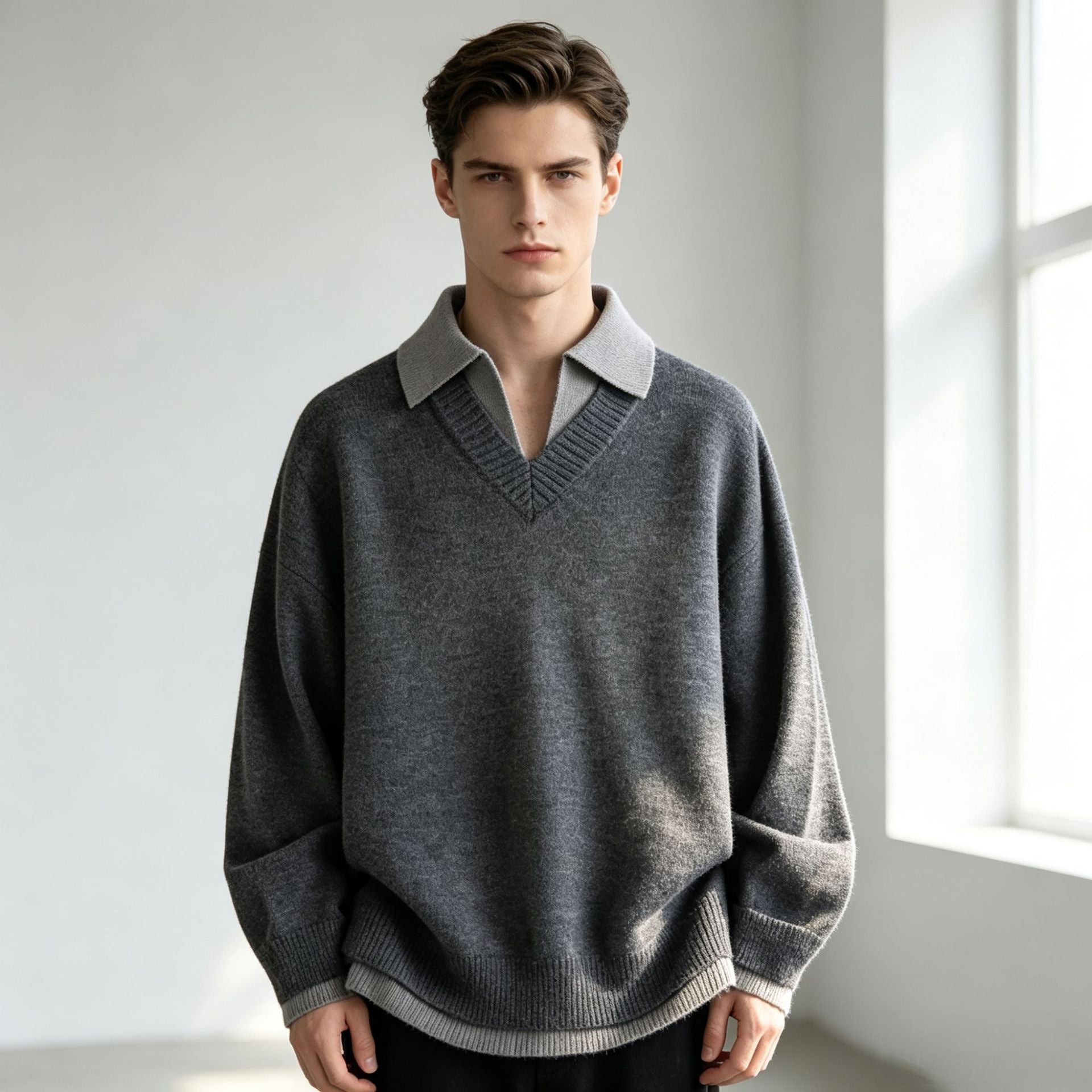 Unisex Lässiger Strukturstrick-Pullover mit offenem Polokragen und tiefem V-Ausschnitt Chichicherry