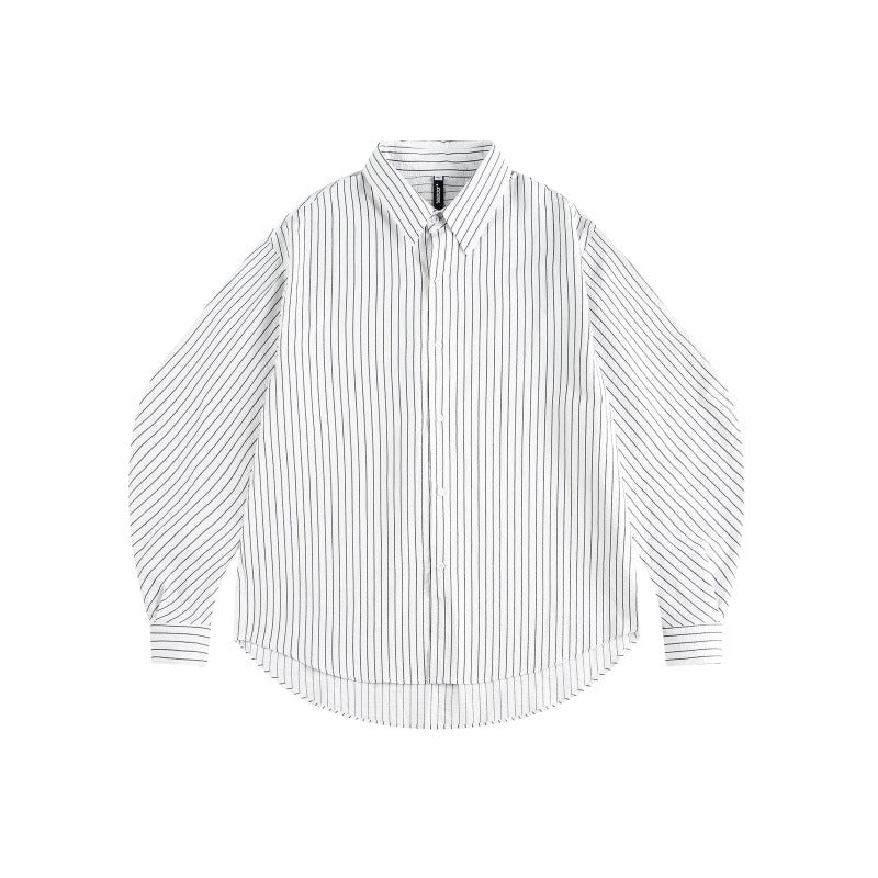 Women's oversized shirt blouse with fine pinstripes, balloon sleeves, and rounded hem.