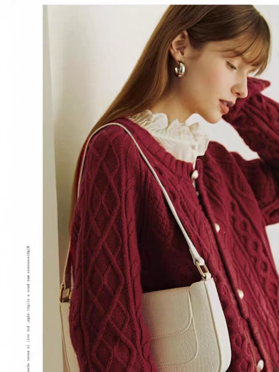 Women's Cozy Braid and Diamond Knit Cardigan with Mother-of-Pearl Button Placket Chichicherry