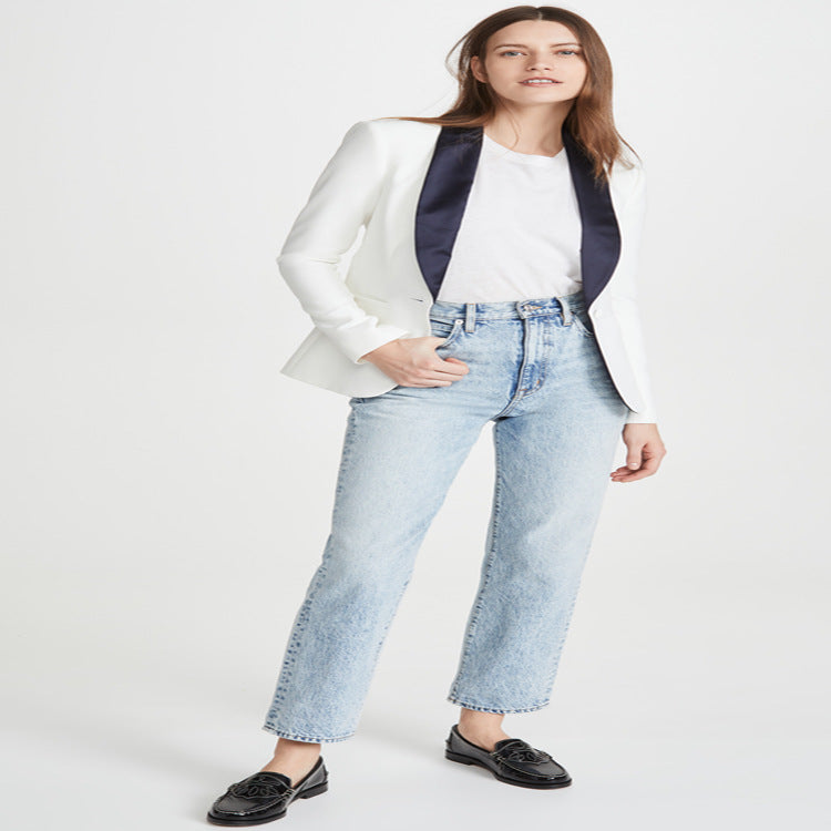 Women's Tailored Tuxedo Blazer with Satin Shawl Collar and One-Button Front Chichicherry