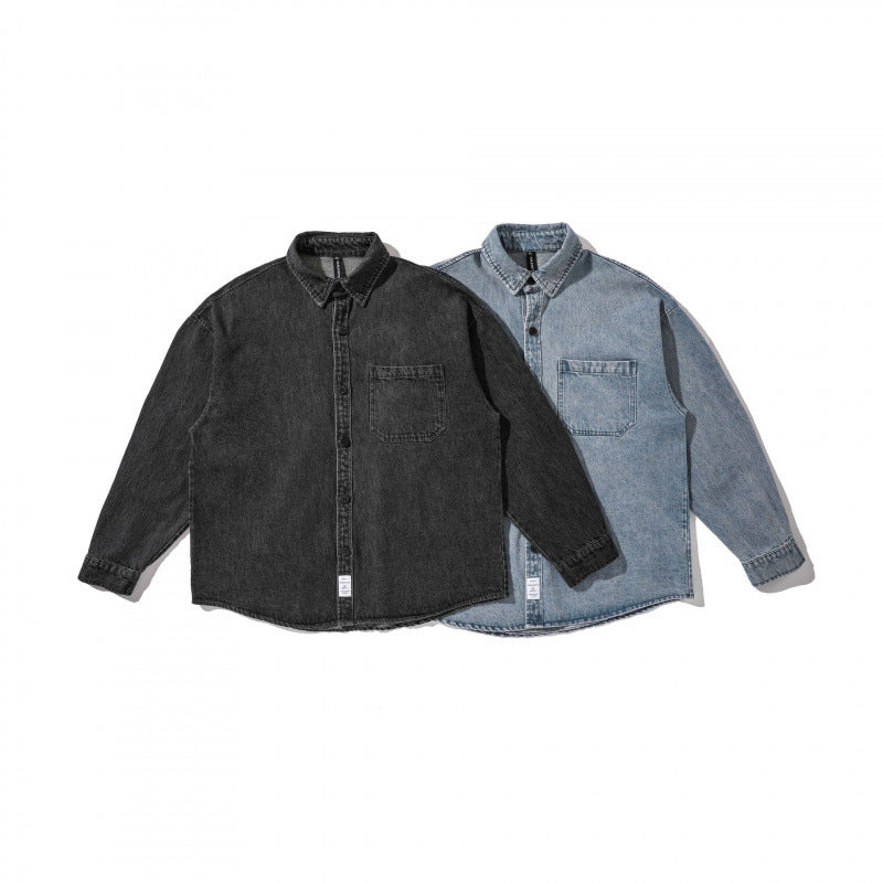 Unisex Boxy Oversized Denim Shirt Jacket with Chest Pocket and Distressed Look Chichicherry