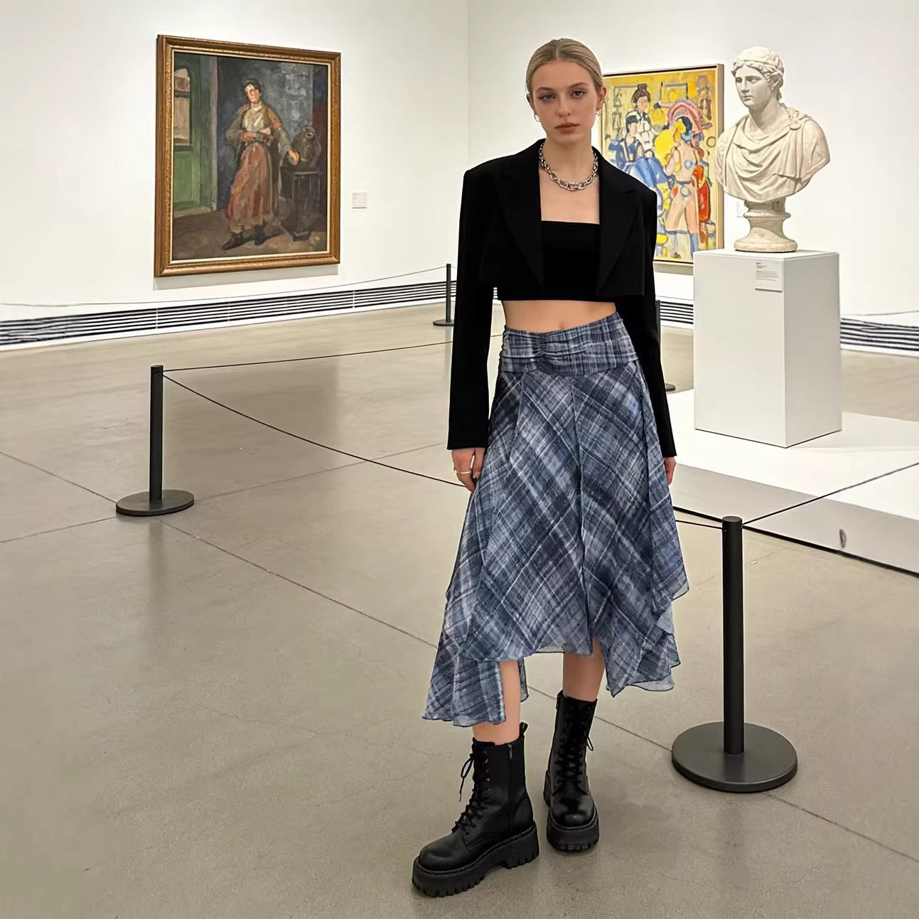 Women Asymmetrical multilayer midi skirt made of chiffon with wide waistband and check pattern Chichicherry