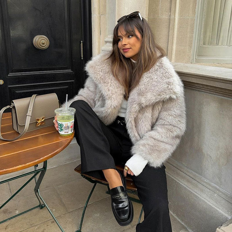 Women's Short Faux Fur Jacket in Bolero Style with Extra Soft Shawl Collar Chichicherry