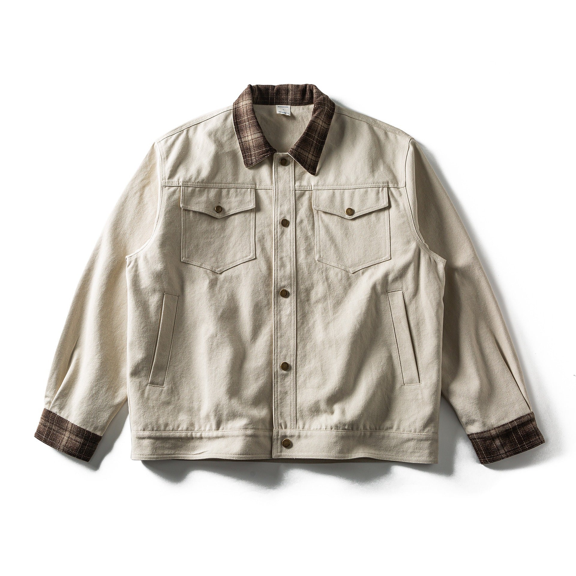 Men's short-cut canvas blouson with checkered collar and snap-button chest pockets Chichicherry