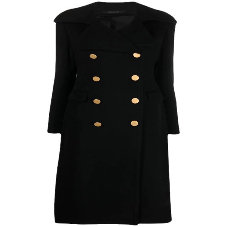 Women's Double-Breasted Long Coat in Naval Coat Style with Distinctive Metal Buttons Chichicherry