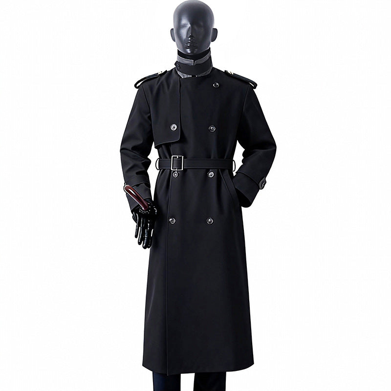 Men's Timeless Maxi Long Trench Coat in Military Style with Storm Flap and Waist Belt Chichicherry