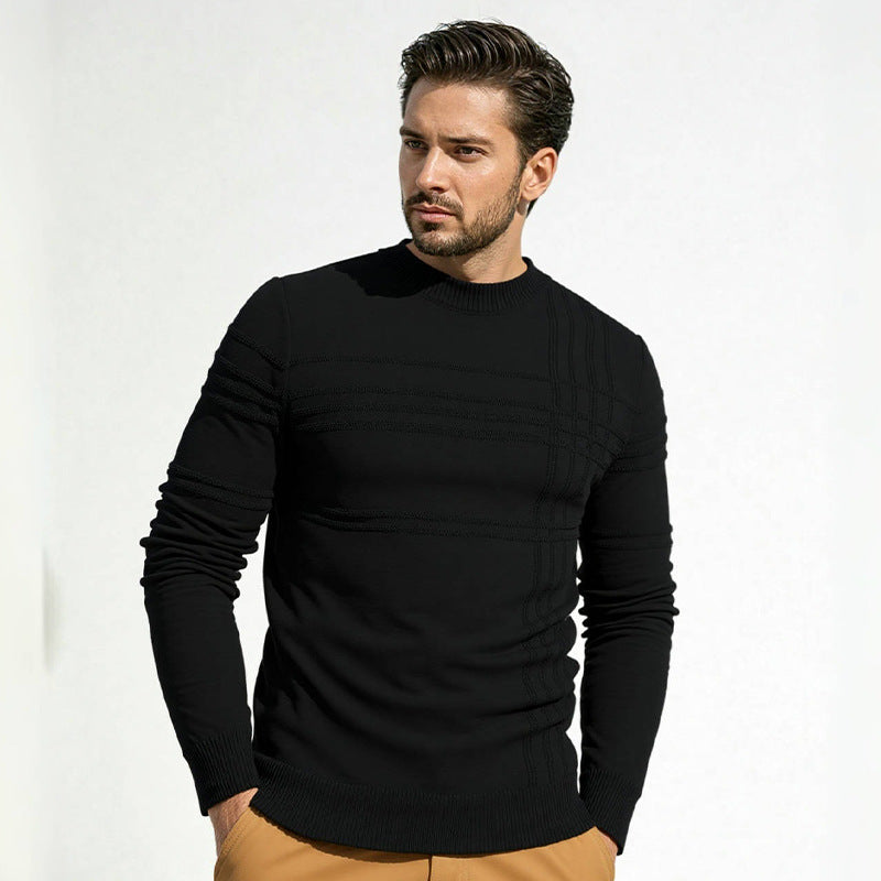 Men's Structured Fine Knit Pullover with Round Neck and Decorative Stripe Relief Seams Chichicherry