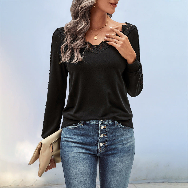 Women's fine knit long sleeve with lace V-neck and lace trim on the sleeves Chichicherry