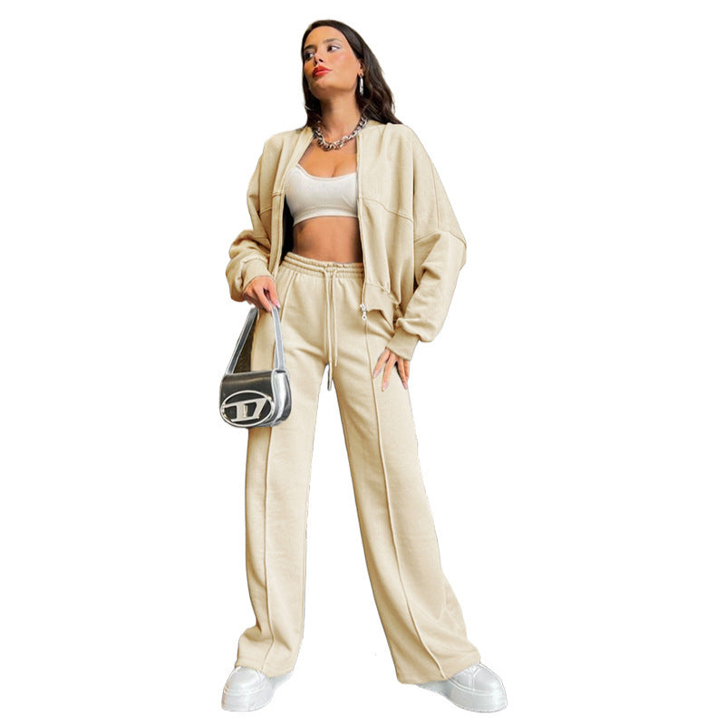 Damen Oversized Zip-Hoodie-Set mit Cropped Top und weiter Naht-Sweathose Chichicherry
