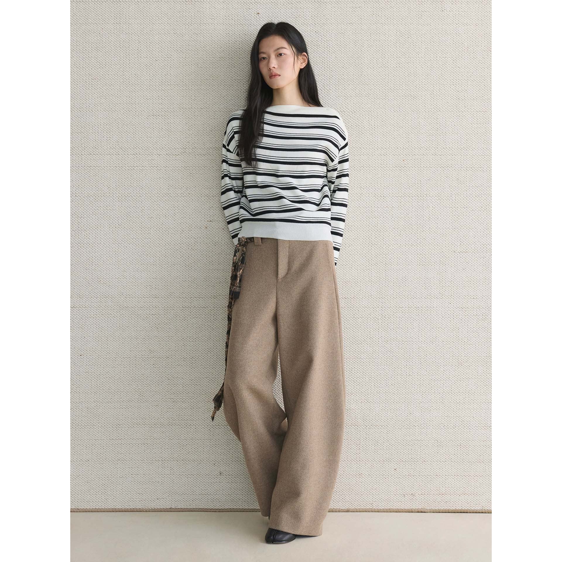 Ladies fine knit sweater with asymmetric boat neckline and fine block stripes Chichicherry