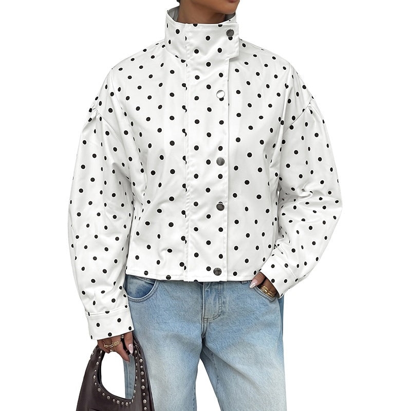Women's short cut polka dot transitional jacket with stand-up collar and snap button closure Chichicherry