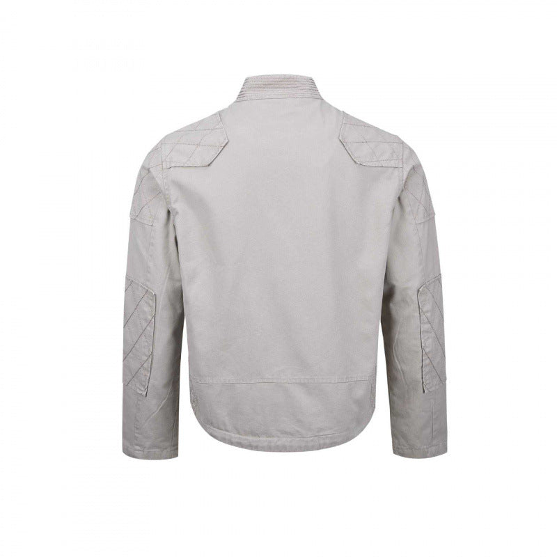 Men's short cut biker-inspired cotton jacket with stand-up collar, quilted inserts, and zippered pockets Chichicherry