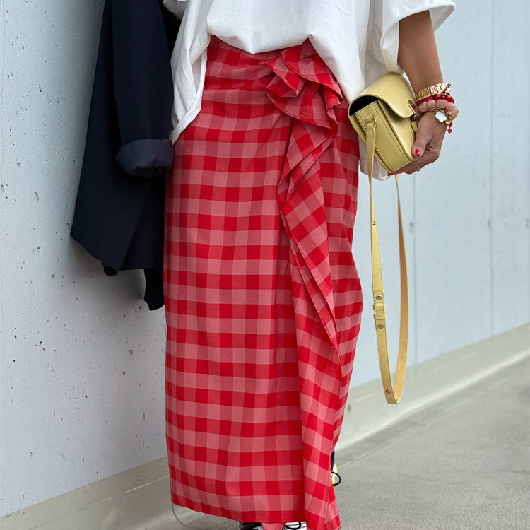 Women's maxi skirt with Vichy check, side ruffle gathering & wrap look Chichicherry