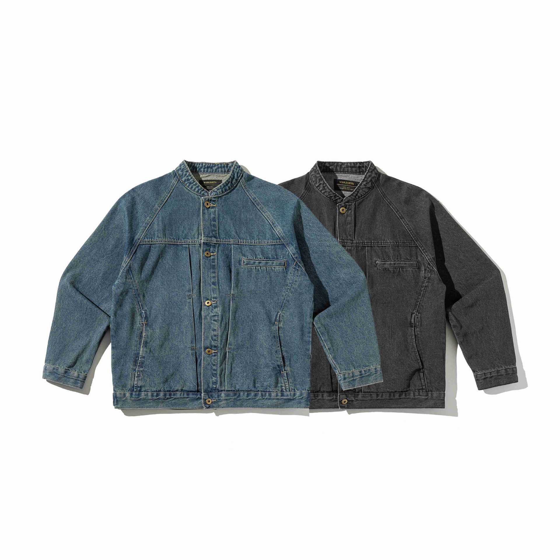 Unisex Boxy Denim Jacket with Stand-up Collar, distinctive seam piping and Button Placket Chichicherry