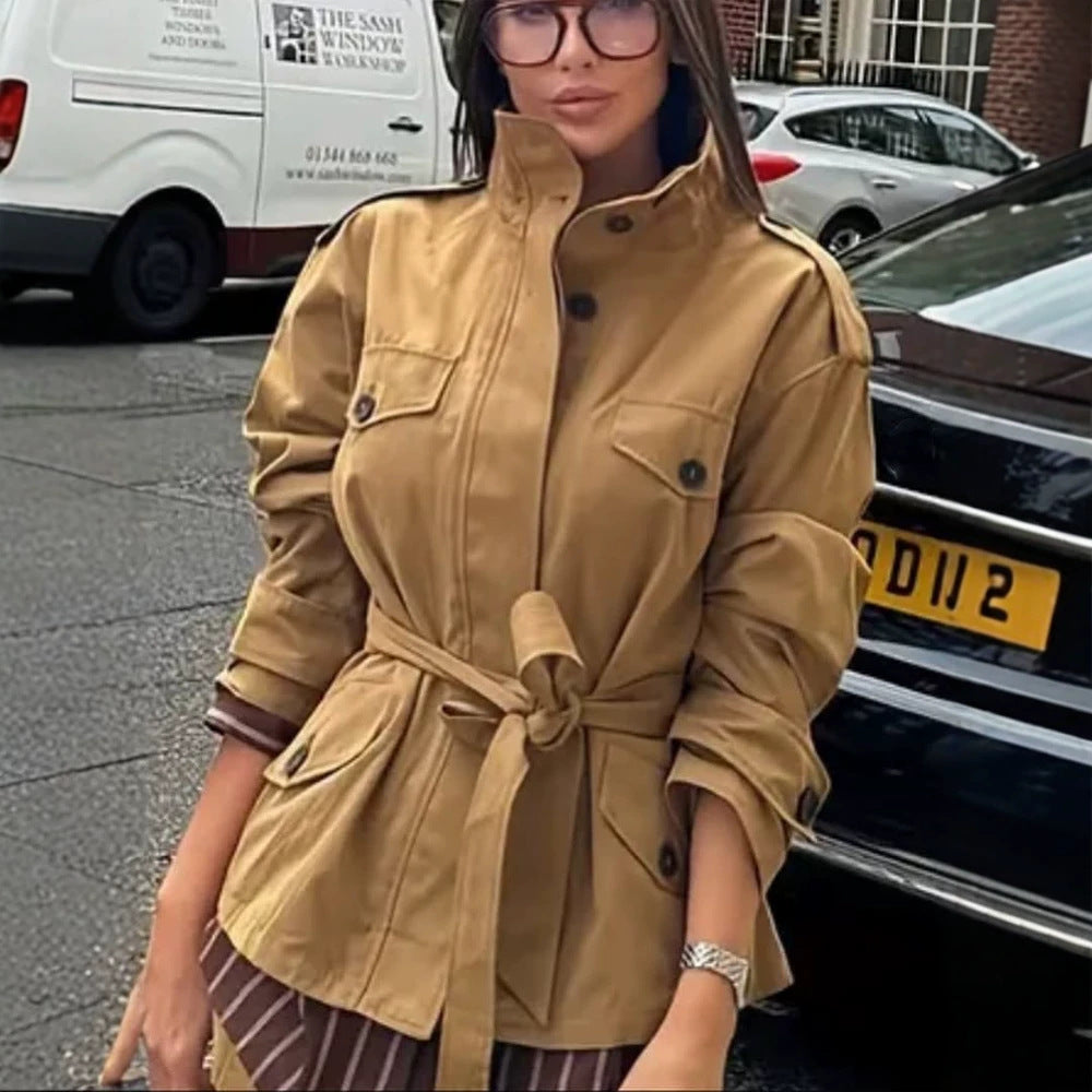 Women's Tailored Utility Jacket with Tie Belt, High Stand Collar and Flap Pockets Chichicherry