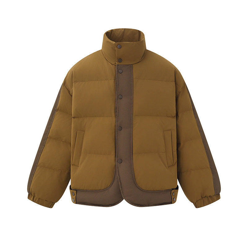 Unisex Short Cut Boxy Quilted Jacket with High Stand-Up Collar and Snap Button Placket Chichicherry
