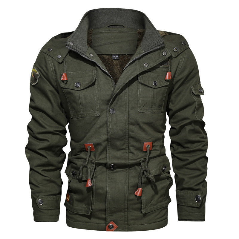 Men's canvas parka in military utility style with teddy fleece lining, drawstring waist, and multifunctional pockets Chichicherry