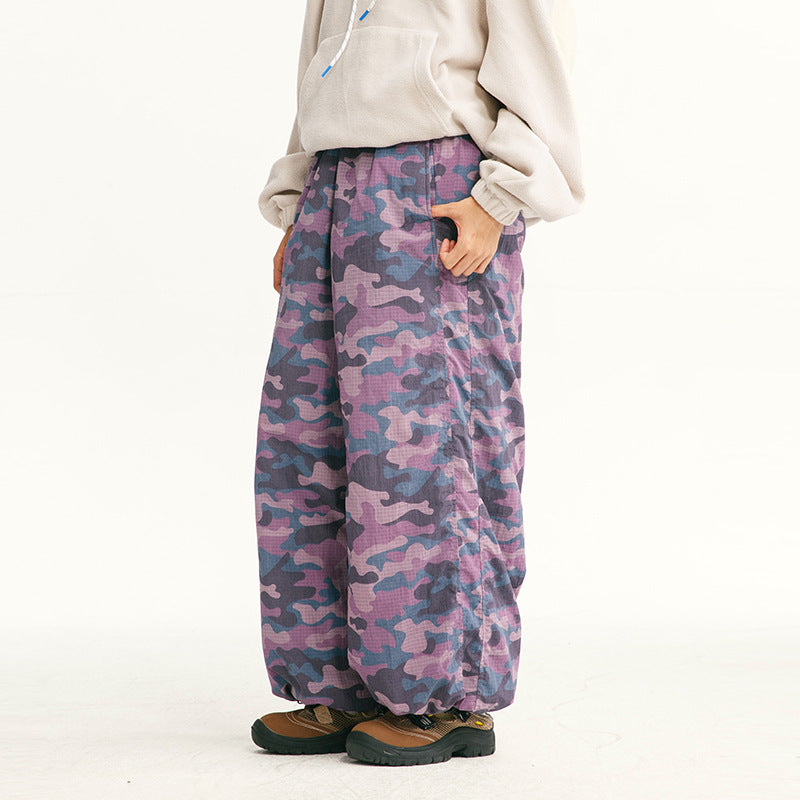 Men's loose-fitting ripstop leisure pants with camouflage pattern and elastic drawstring waistband Chichicherry
