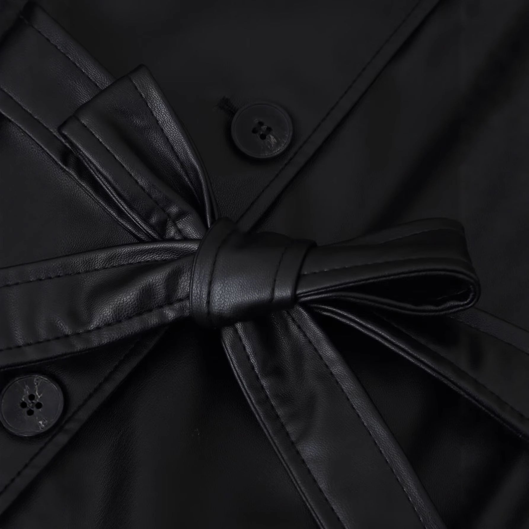 Women's Short Tailored Faux Leather Jacket with Ties and Shirt Collar Chichicherry