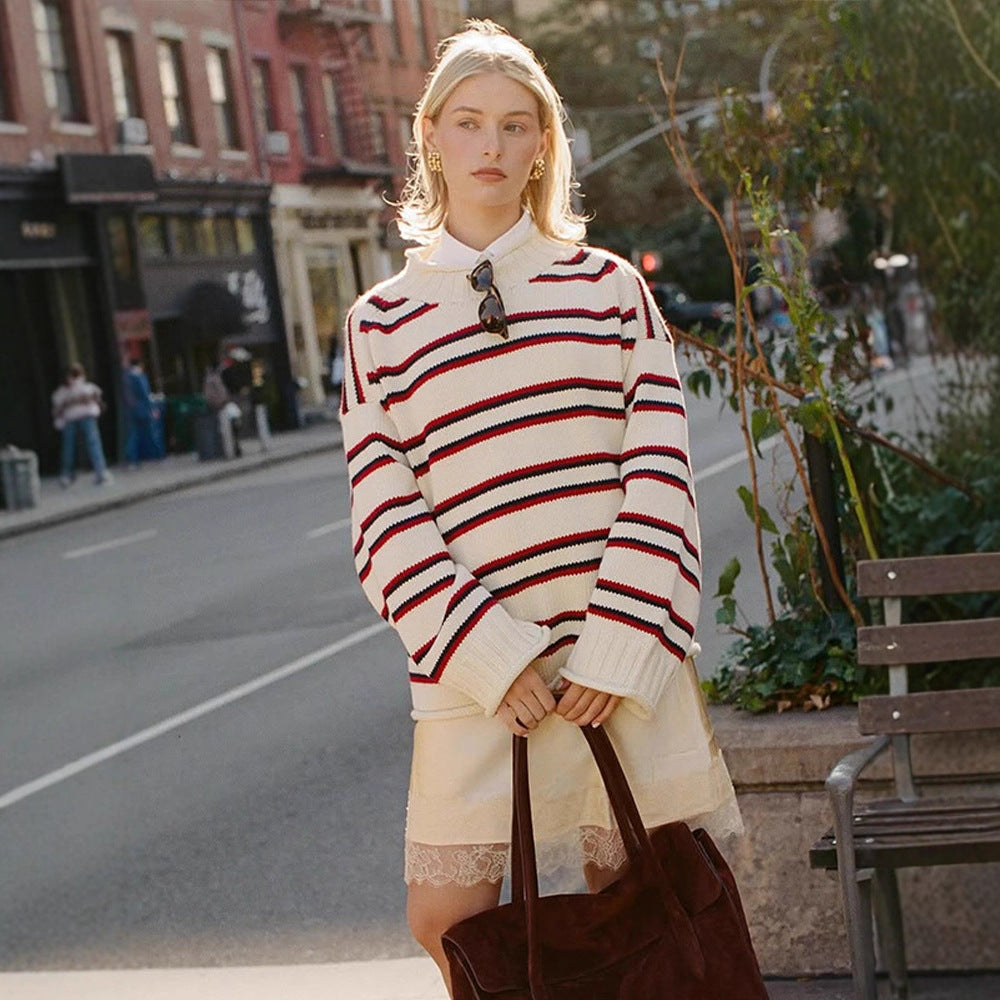 Women's oversized striped cotton blend sweater with wide cut and ribbed cuffs Chichicherry