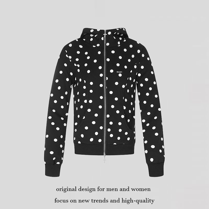Women's Figure-Hugging Hooded Sweat Jacket with Polka Dot Pattern, Metal Front Zipper and Kangaroo Pockets Chichicherry