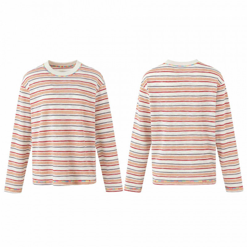 Unisex Oversize striped fine knit sweater with round neck and textured weave look Chichicherry