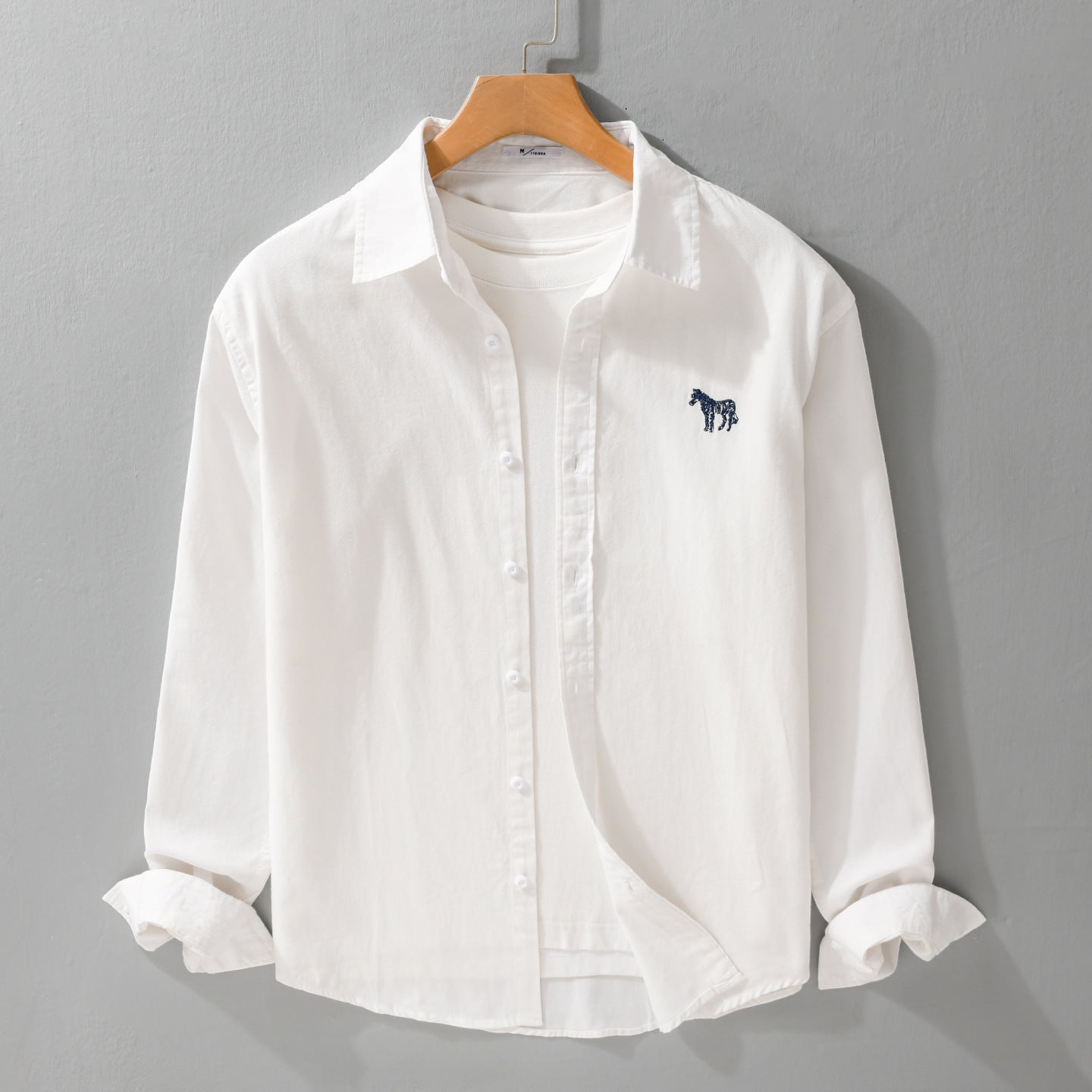 Men's Cotton Oxford Shirt Jacket in Layering Style with Subtle Zebra Embroidery and Kent Collar Chichicherry