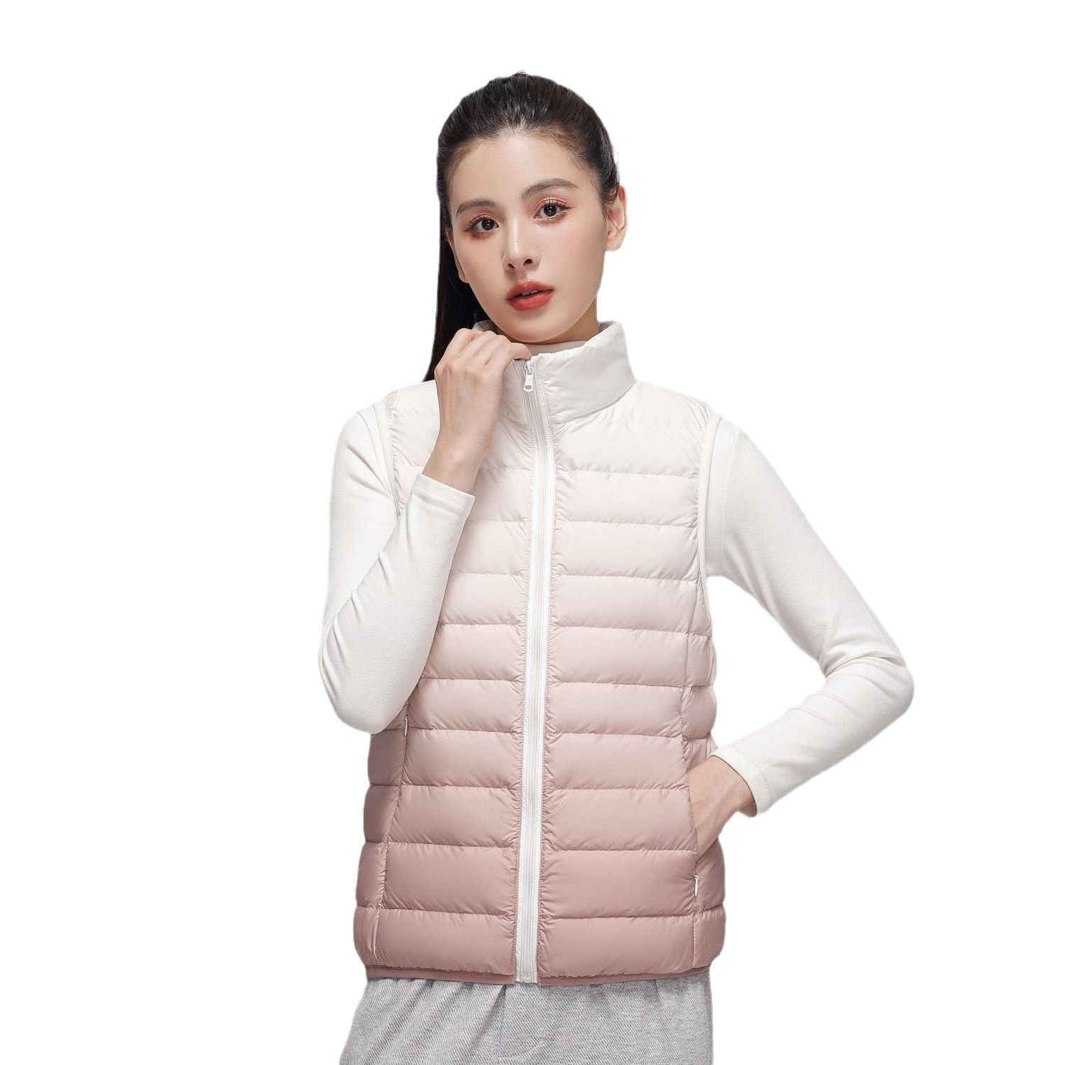 Women Ultraleight Quilted Vest with High Stand-Up Collar and Subtle Gradient Chichicherry