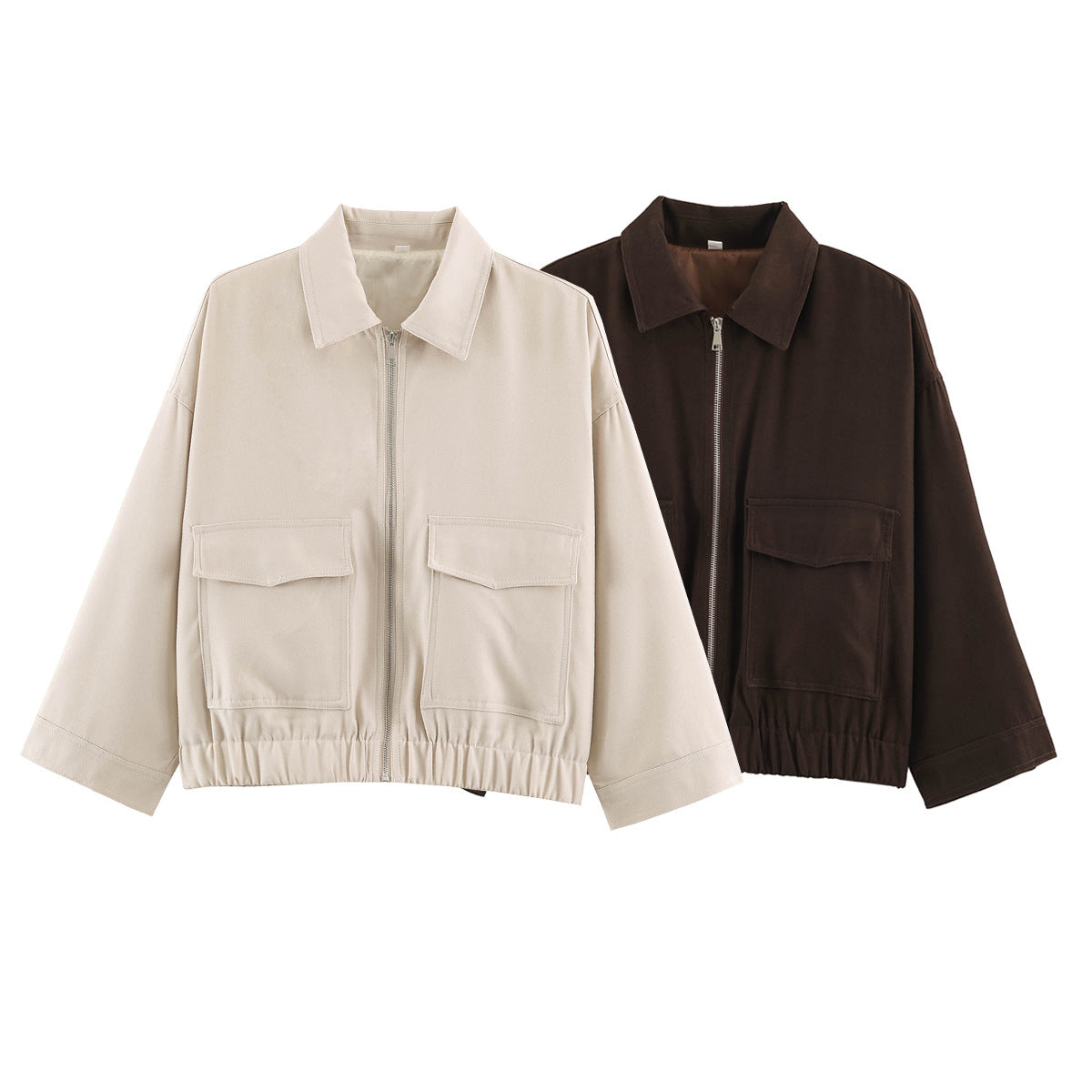 Women's Cropped Oversized Blouson Jacket with Large Flap Pockets, Full-Length Zipper and Elastic Hem Chichicherry