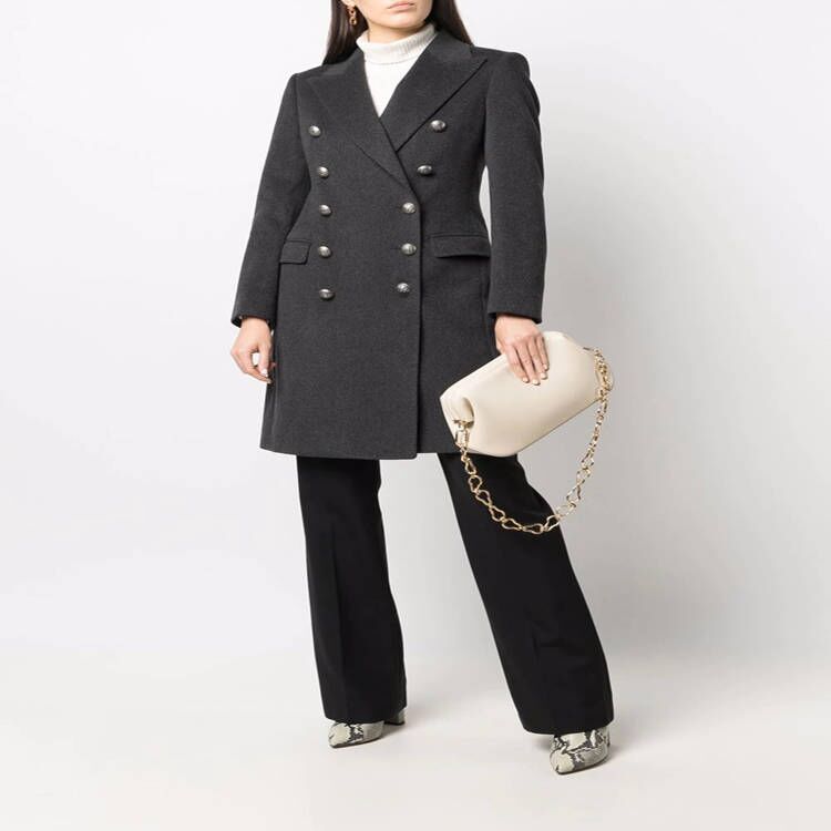 Women's Double-breasted Wool Blend Coat with Conical Gold Buttons and Slim Fit Chichicherry
