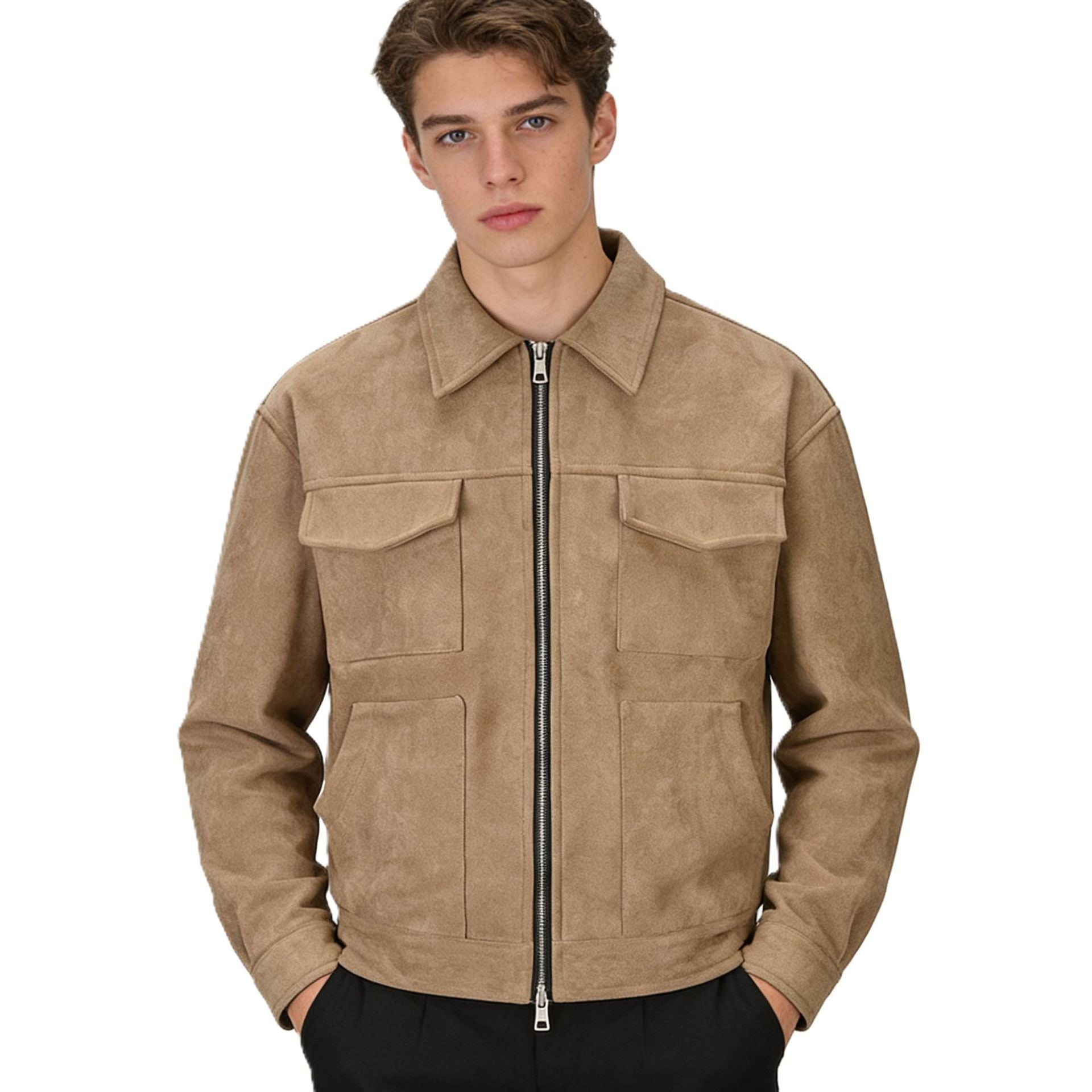 Men's suede overshirt with four flap pockets and two-way zip Chichicherry