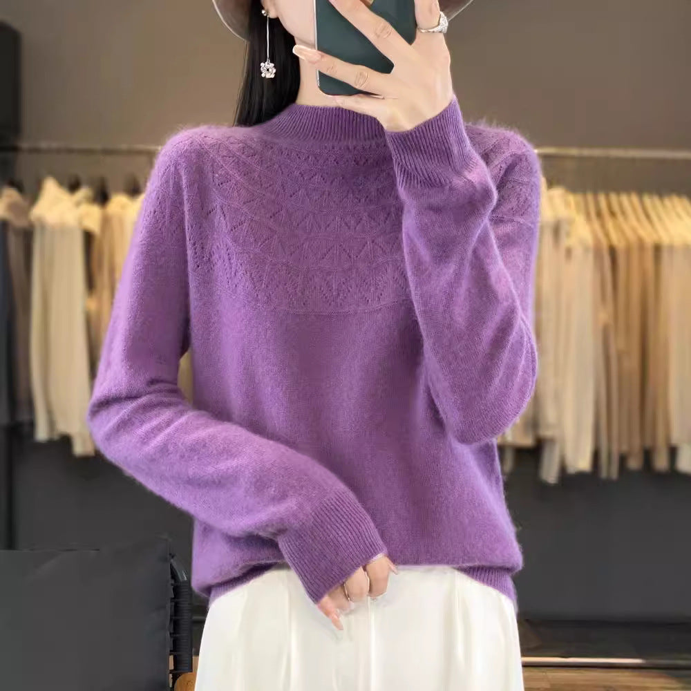 Women's Cozy Mohair-Effect Sweater with Decorative Texture at the Top and Stand-Up Collar Chichicherry