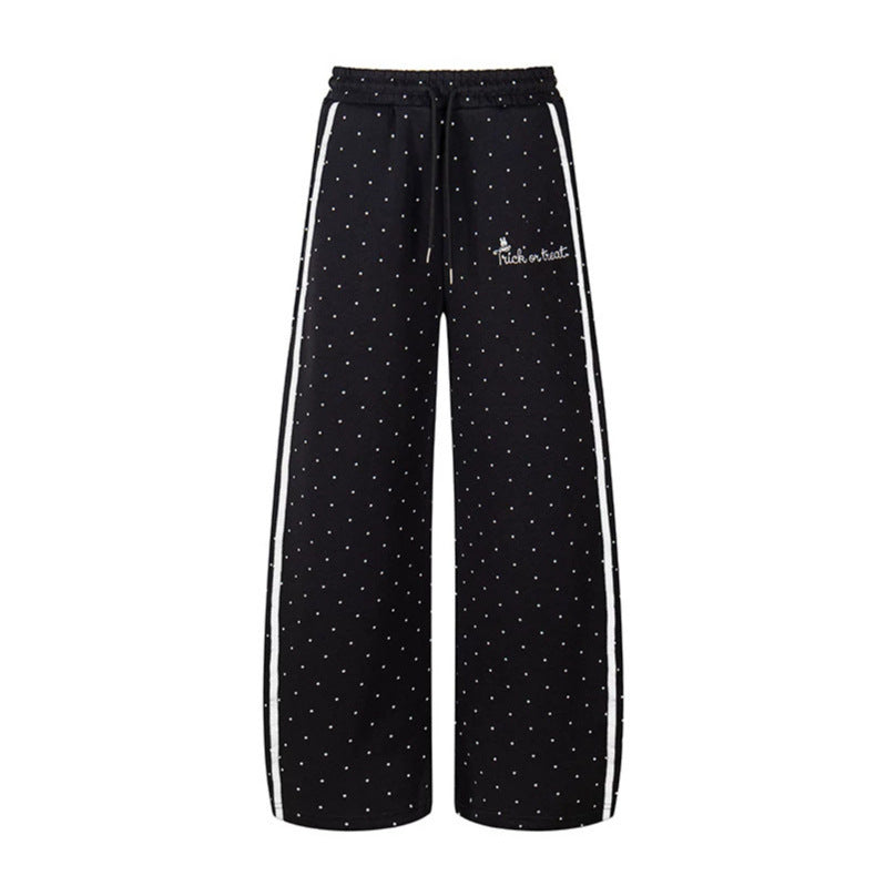Women's Extra Wide Palazzo Sweatpants in Polka Dot Design with Elastic Comfort Waistband and Side Contrast Stripes Chichicherry
