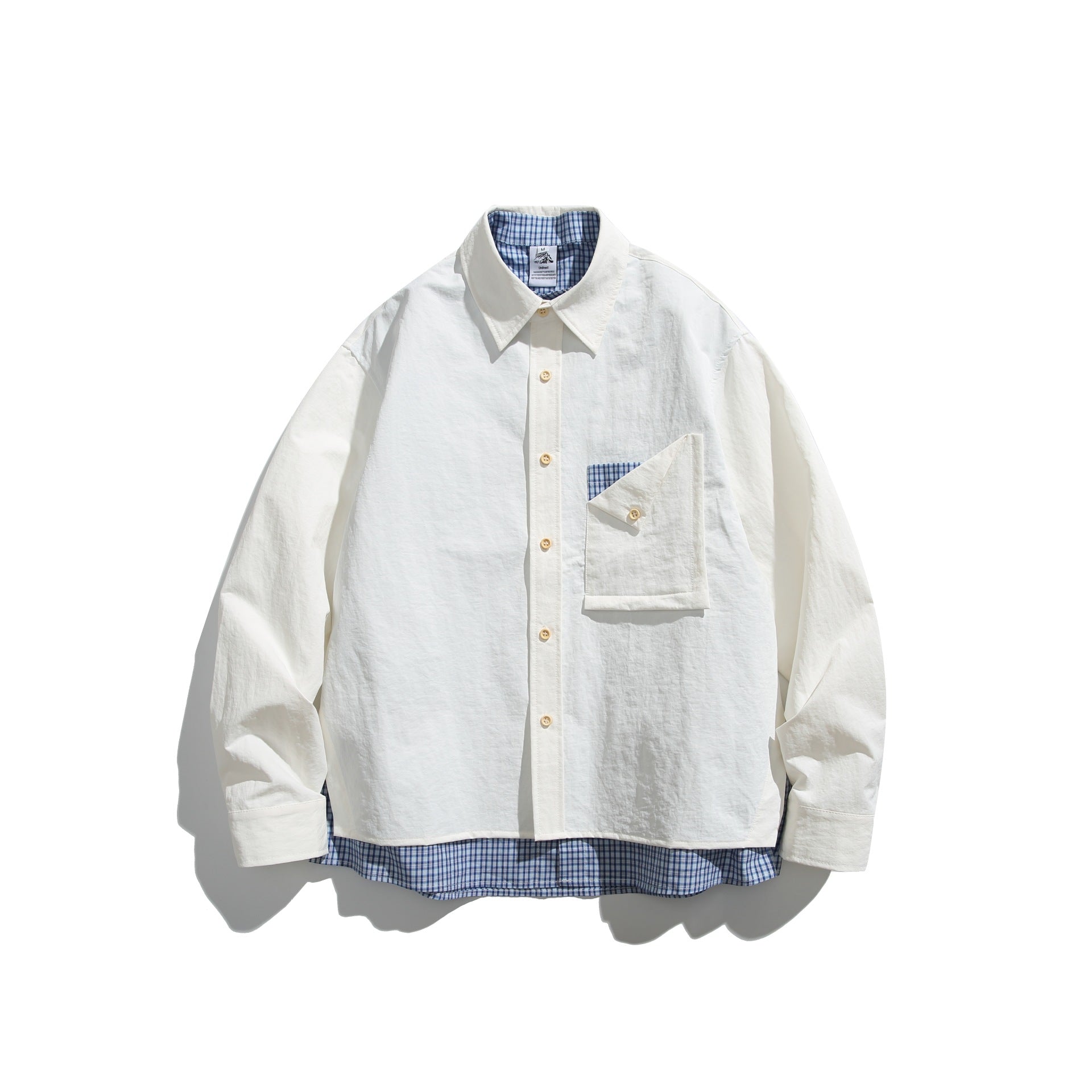 Men's Boxy Overshirt in Layer Look with checked inner lining, breast pocket and wooden buttons Chichicherry