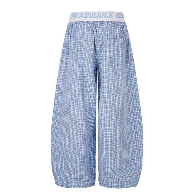 Women's Wide Checkered Lounge Pants with Elastic Logo Waistband and Drawstring Hem Chichicherry