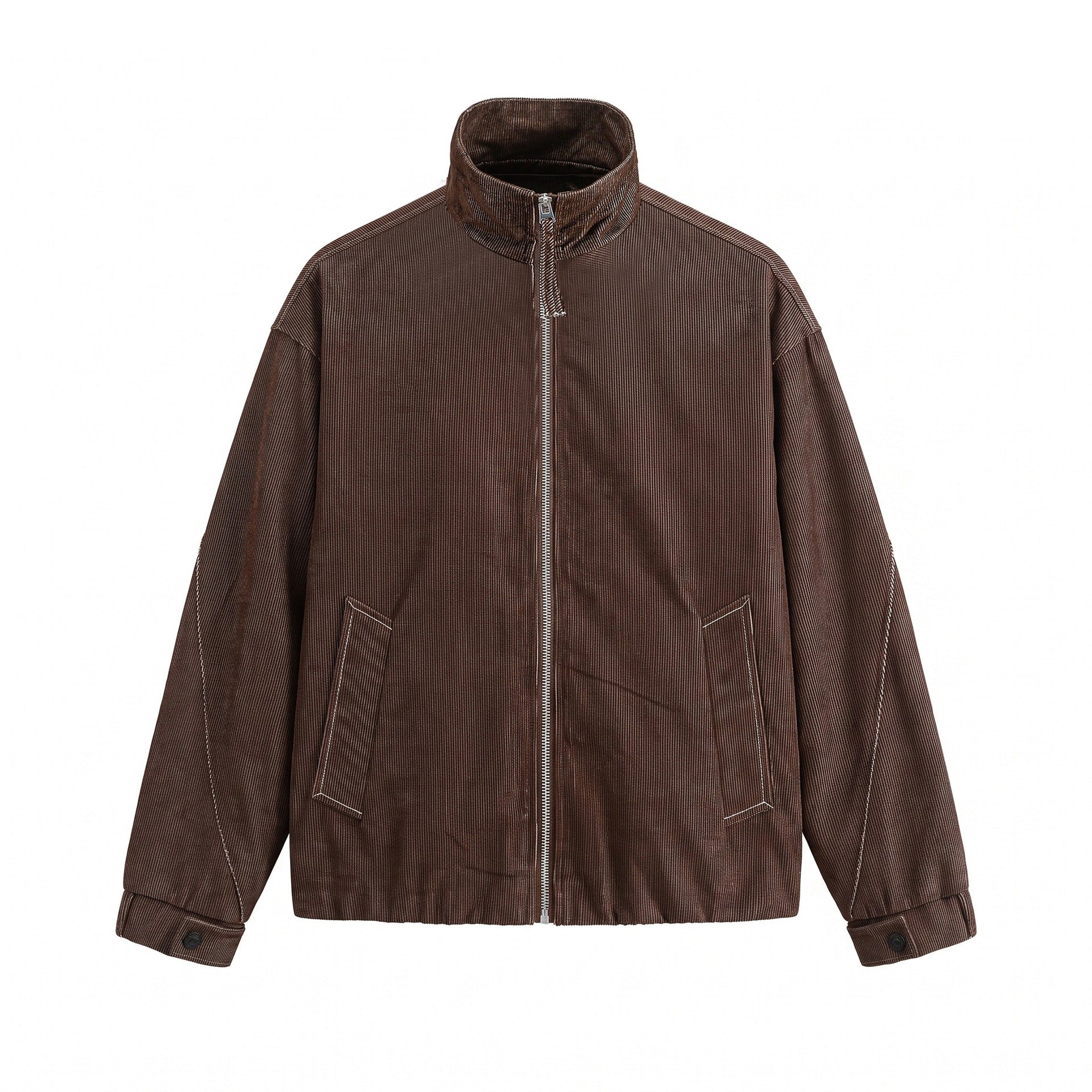 Unisex Short Cord Boxy Blouson with Stand Collar, Continuous Zipper and Elastic Hem Chichicherry