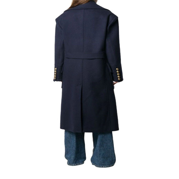 Women’s navy-inspired double-breasted long coat made of wool blend with oversized lapels Chichicherry