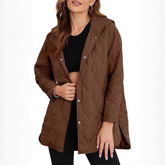 Women's quilted hooded jacket with snap button placket, side slits, and medium length Chichicherry