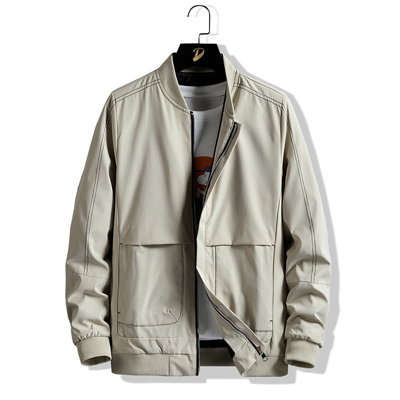 Men's Lightweight Bomber Jacket with Contrast Stitching, Zipper and Patch Pockets Chichicherry