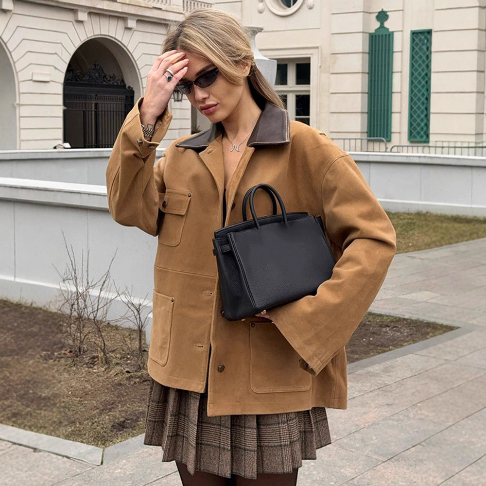 Women's Boxy Short Jacket in Suede Look with Contrast Collar & Patch Pockets Chichicherry