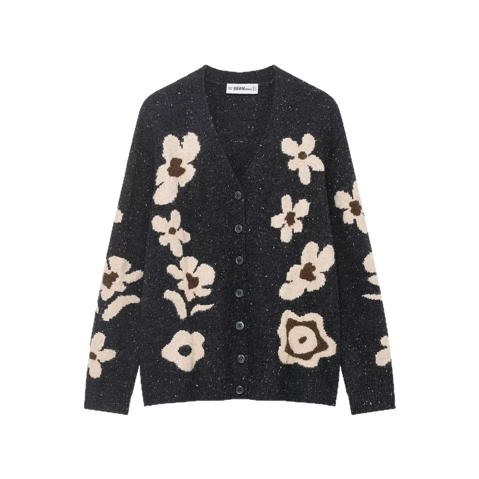 Women's Short Cardigan with Leopard Print and Pearl Flower Buttons Chichicherry