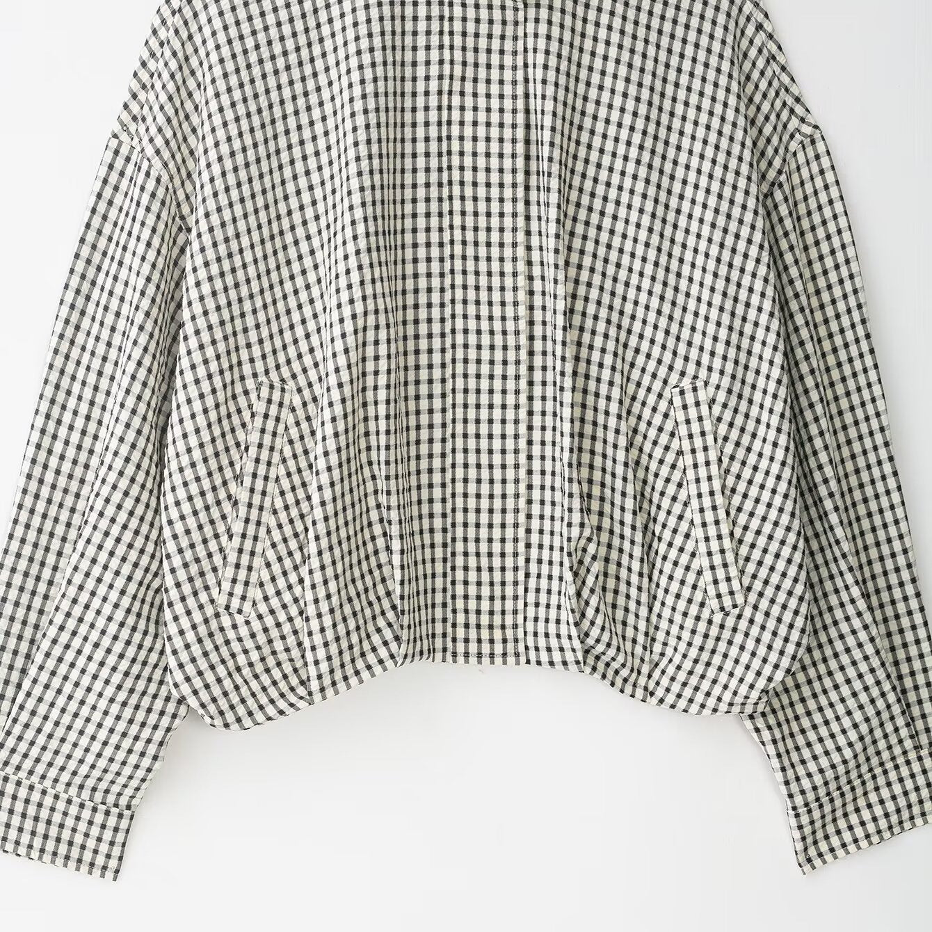 Women Checked Cropped Boxy Blouson with Stand Collar and Side Pockets Chichicherry