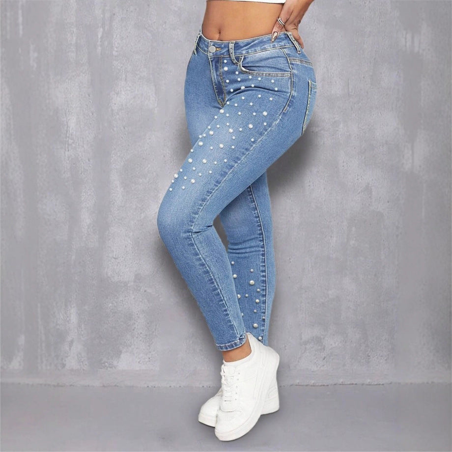 Women High-Waist Skinny Jeans with Pearl Application Chichicherry