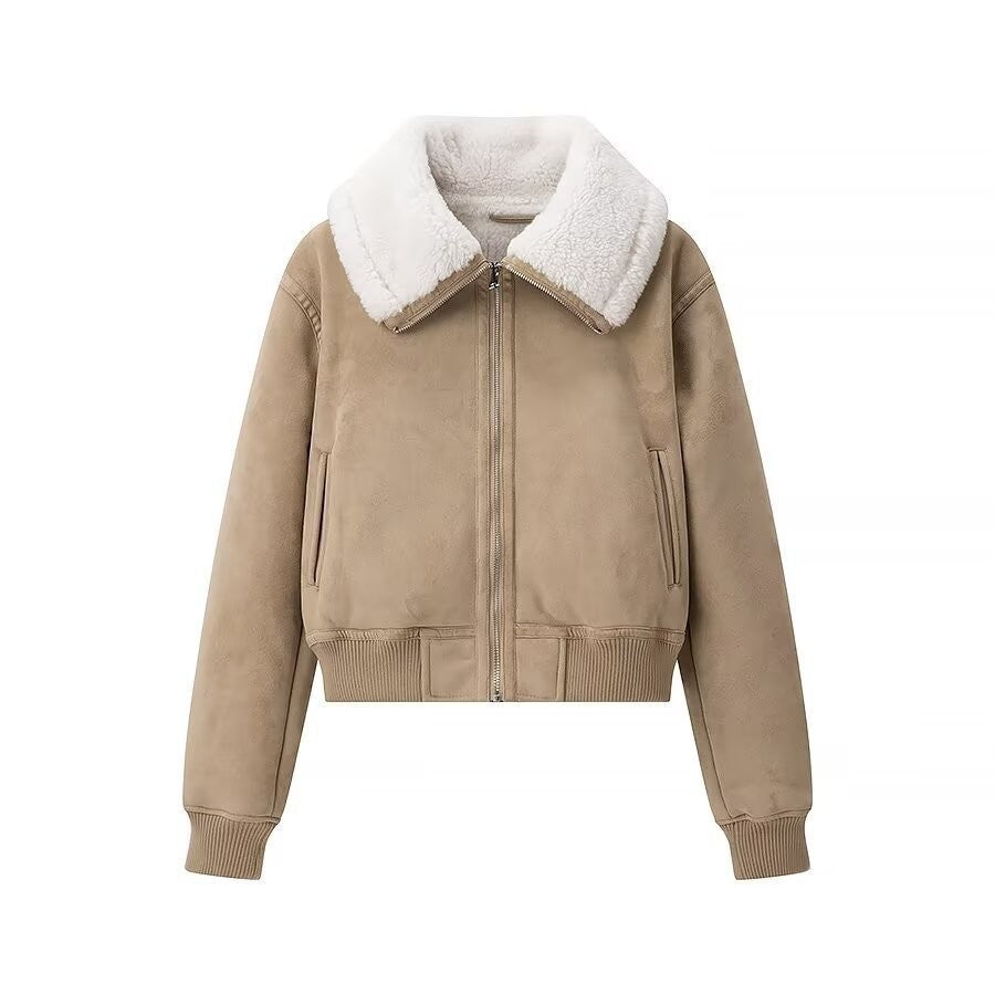 Women's short-cut bomber jacket with faux shearling collar and suede look Chichicherry