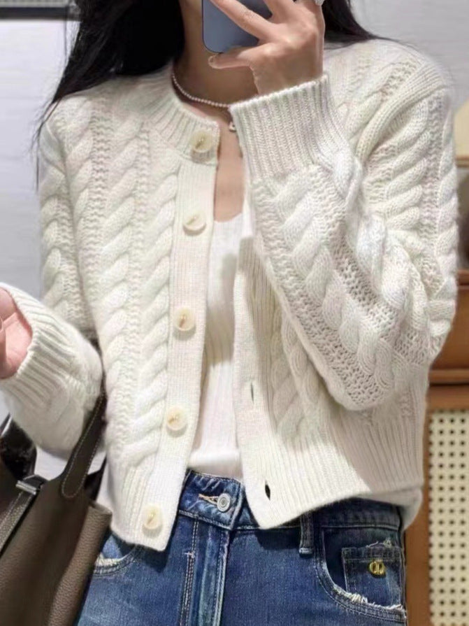 Women's Short Braid Knit Cardigan with Wide Ribbed Hem and Large Buttons Chichicherry