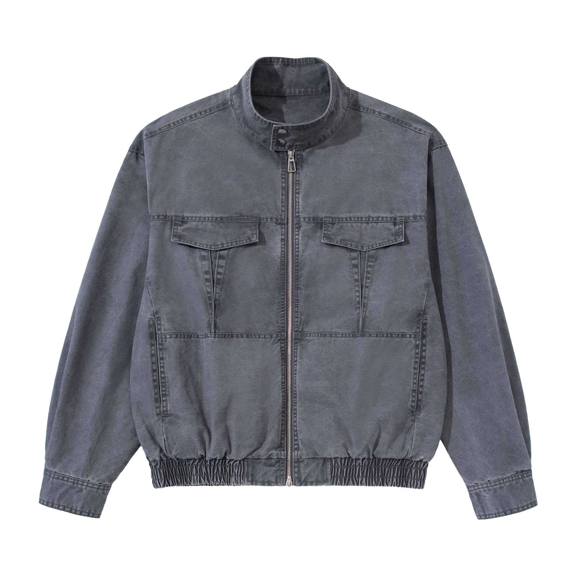 Men's short-cut utility jacket with high stand-up collar, zipper, and elastic hem Chichicherry
