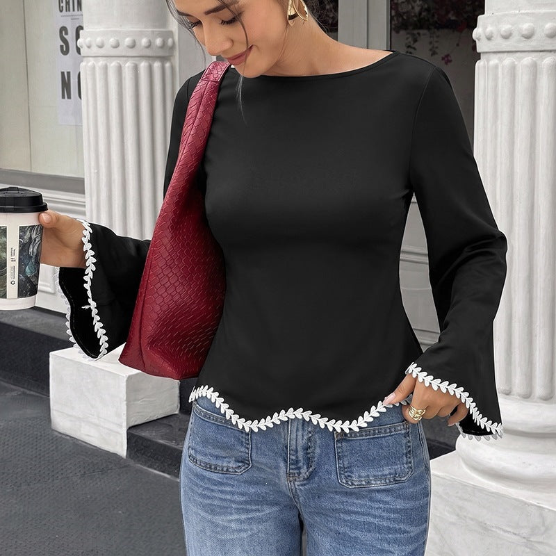 Women's Tailored Long Sleeve Blouse with Boat Neck, Bell Sleeves and Embroidered Leaf Trim Chichicherry