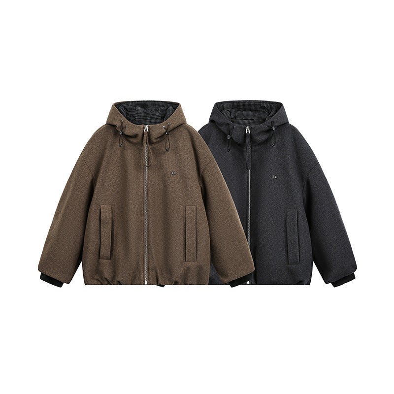 Men's Loose-Fitting Padded Wool Blend Hooded Jacket with Zip and Drawstring Chichicherry
