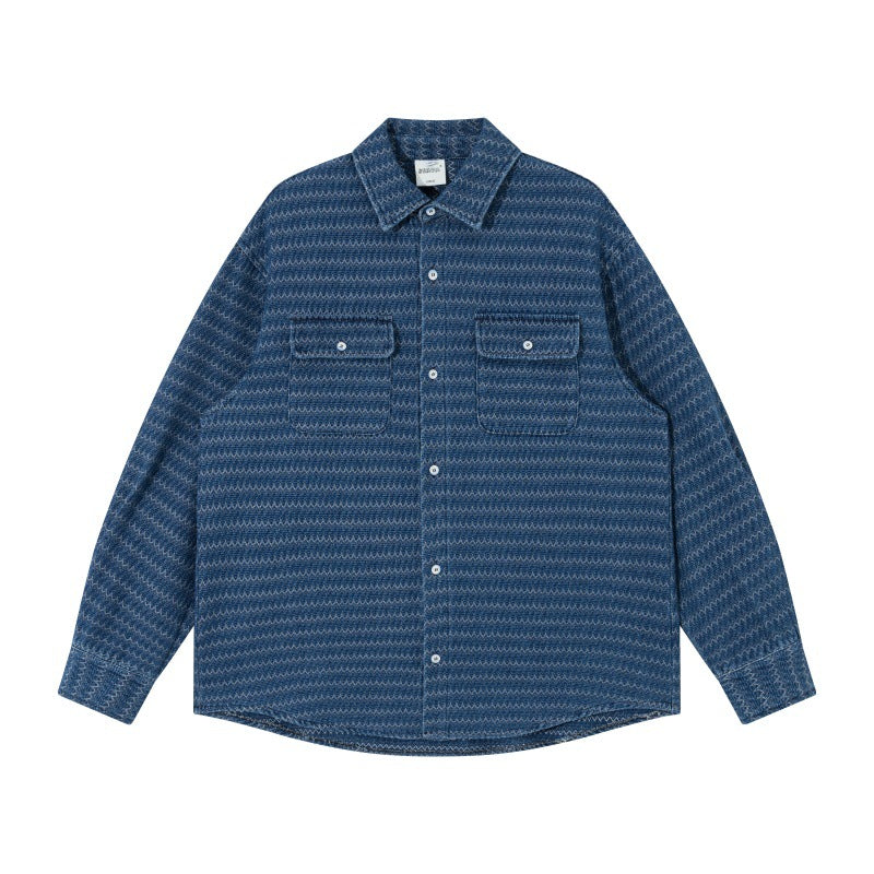 Unisex Structured Cotton Overshirt Jacket with Zigzag Jacquard and Patch Chest Pockets Chichicherry
