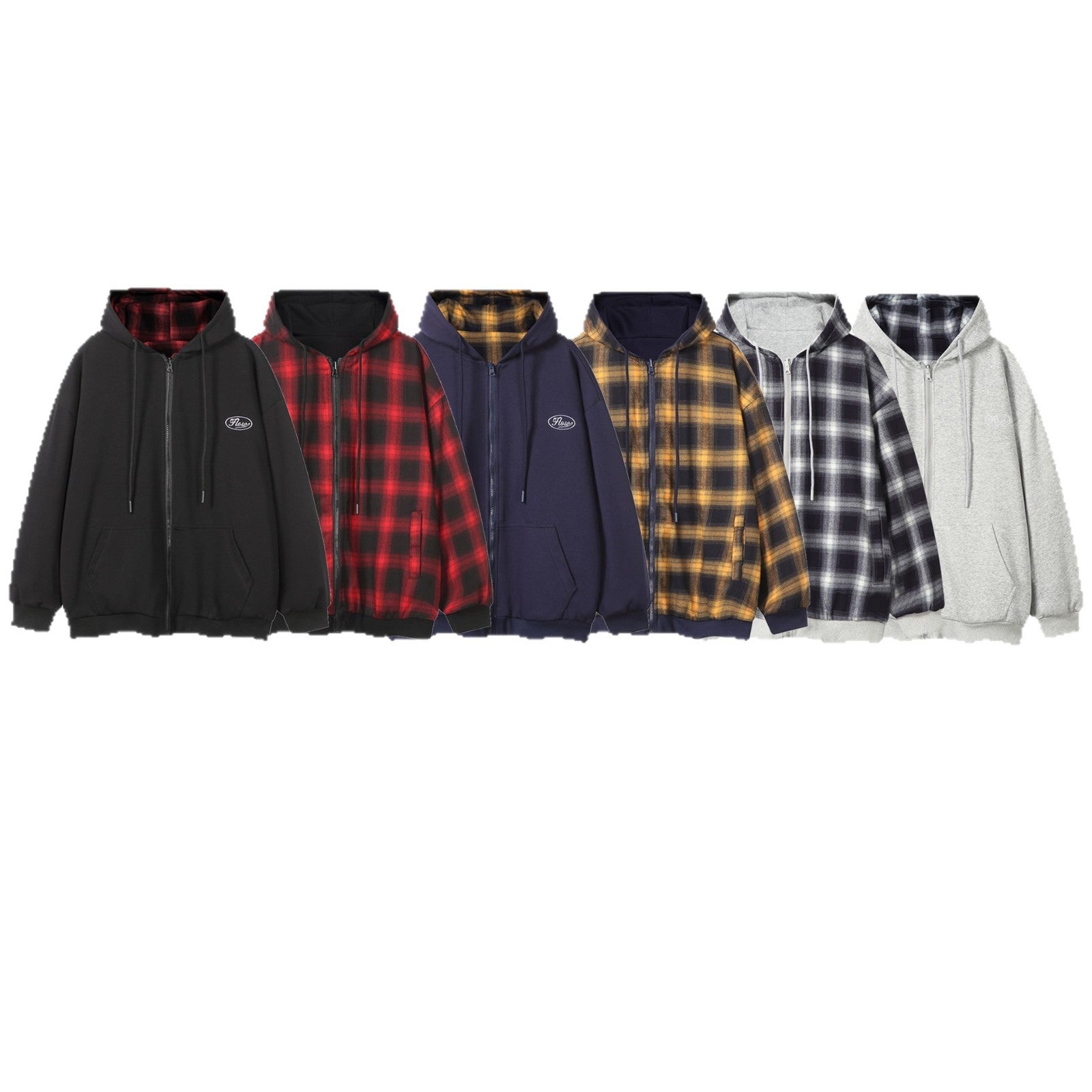 Unisex Oversize Hoodie Zipper Jacket with Checkered Hood Lining and Kangaroo Pockets Chichicherry